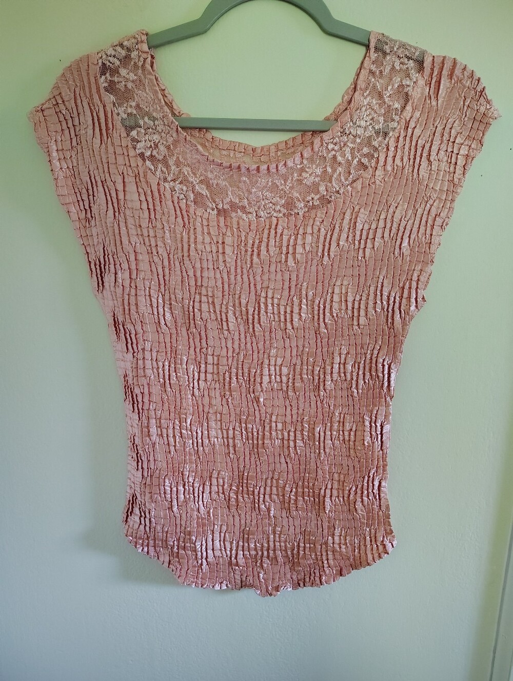 Vintage Pink Satin Plisse Top Small Y2K Lace Stretch Slinky Glam Bias Cut Girly